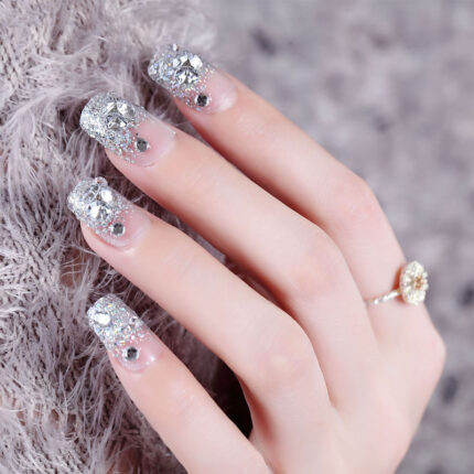 3D Bling Glitter False Nails Crystal Stick on Medium Length Acrylic Nail White Press on