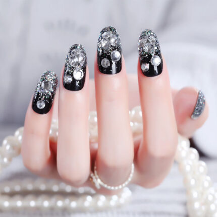 3D Crystal Black Wedding Glitter Fake Nails Round Press on Nails