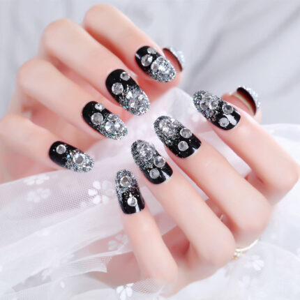 3D Crystal Black Wedding Glitter Fake Nails Round Press on Nails