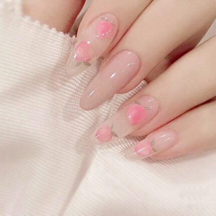 Long Oval Glossy Press on Nails Fake Cute Fruit Peaches Design