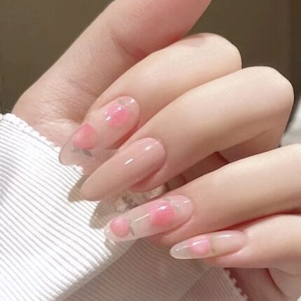 Long Oval Glossy Press on Nails Fake Cute Fruit Peaches Design