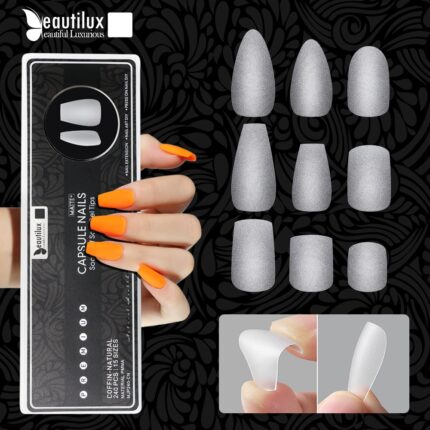 240pcs Ultra Matte Capsule Nails: Almond Square, Coffin, Squoval Shapes in a Press-On Gel Box.