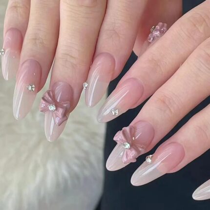 30pcs Sweet Pink Bowknot Pointed Press-On Nails