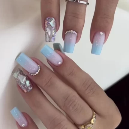 24pcs Short Square Flowers False Nails with Crystal Glitter Full Cover